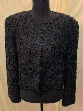 Talbots Black Beaded Silk Jacket Romantic Evening Jacket Cropped Size Small
